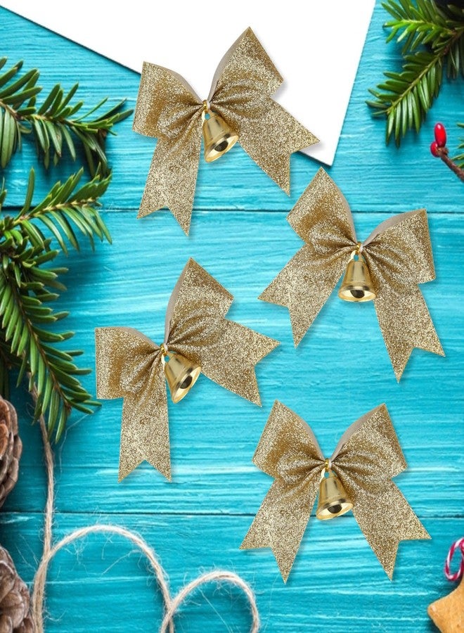 Meseey 12 Ps Christmas Bows with Bell 4 Inch Metallic Gold Glitter Ribbon Bows Xmas Premade Twist Tie Bows for Gift Wrapping Wreath Wedding Baby Shower Christmas Party(Gold Glitter) - Image 3